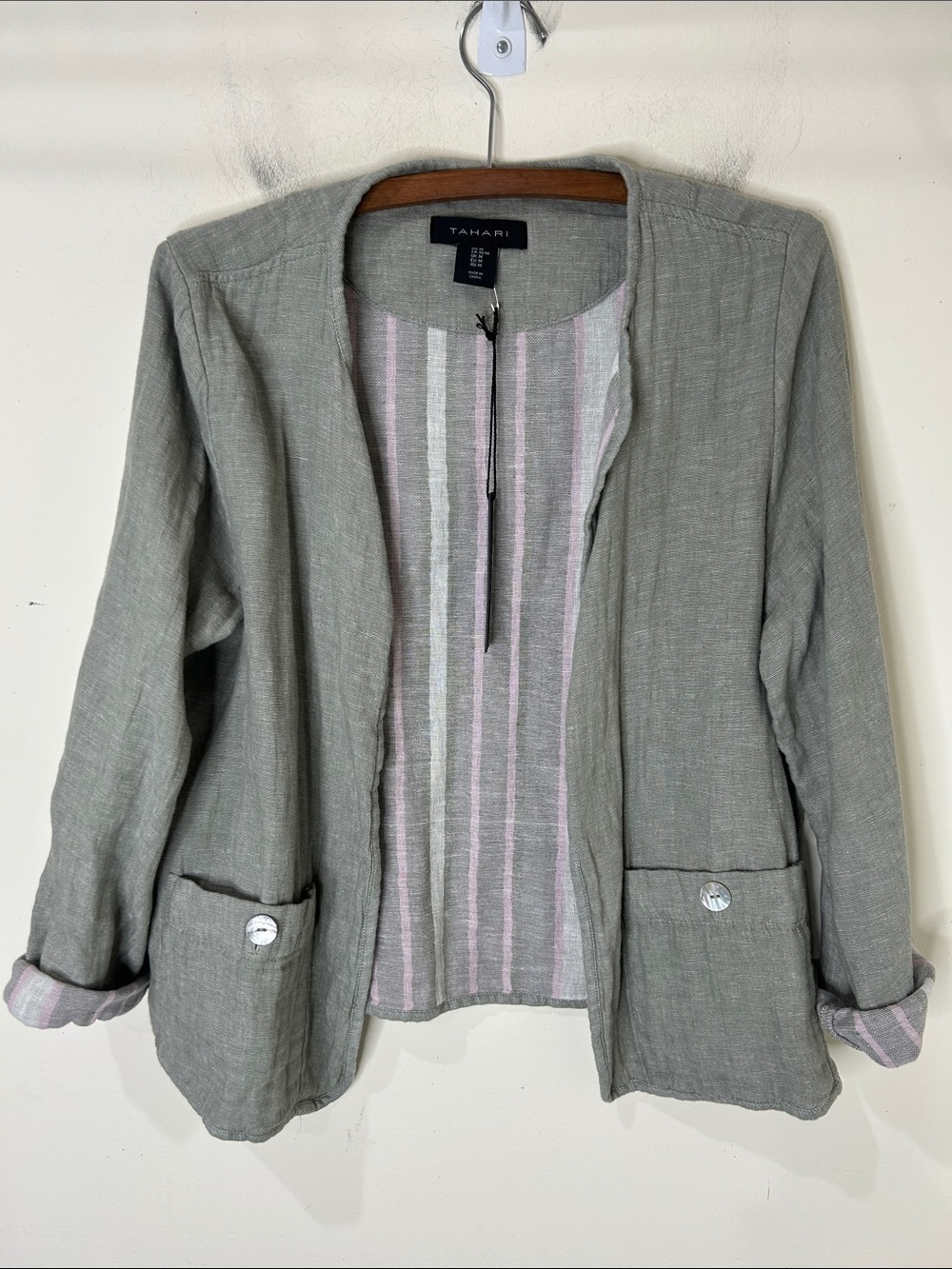 NWT TAHARI Sage Green Linen Blend Open Front Lightweight Casual Blazer Small